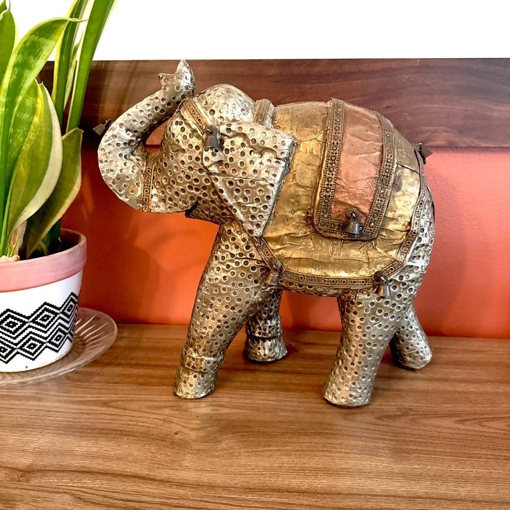 Vintage Elephant Copper Brass Tin Sculpture Heavy Bells Patina Animal Art 11”